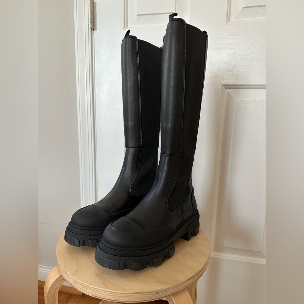Ganni Knee High Leather Chelsea Boots Chunky Lug Sole Grunge Punk Edgy Black 10